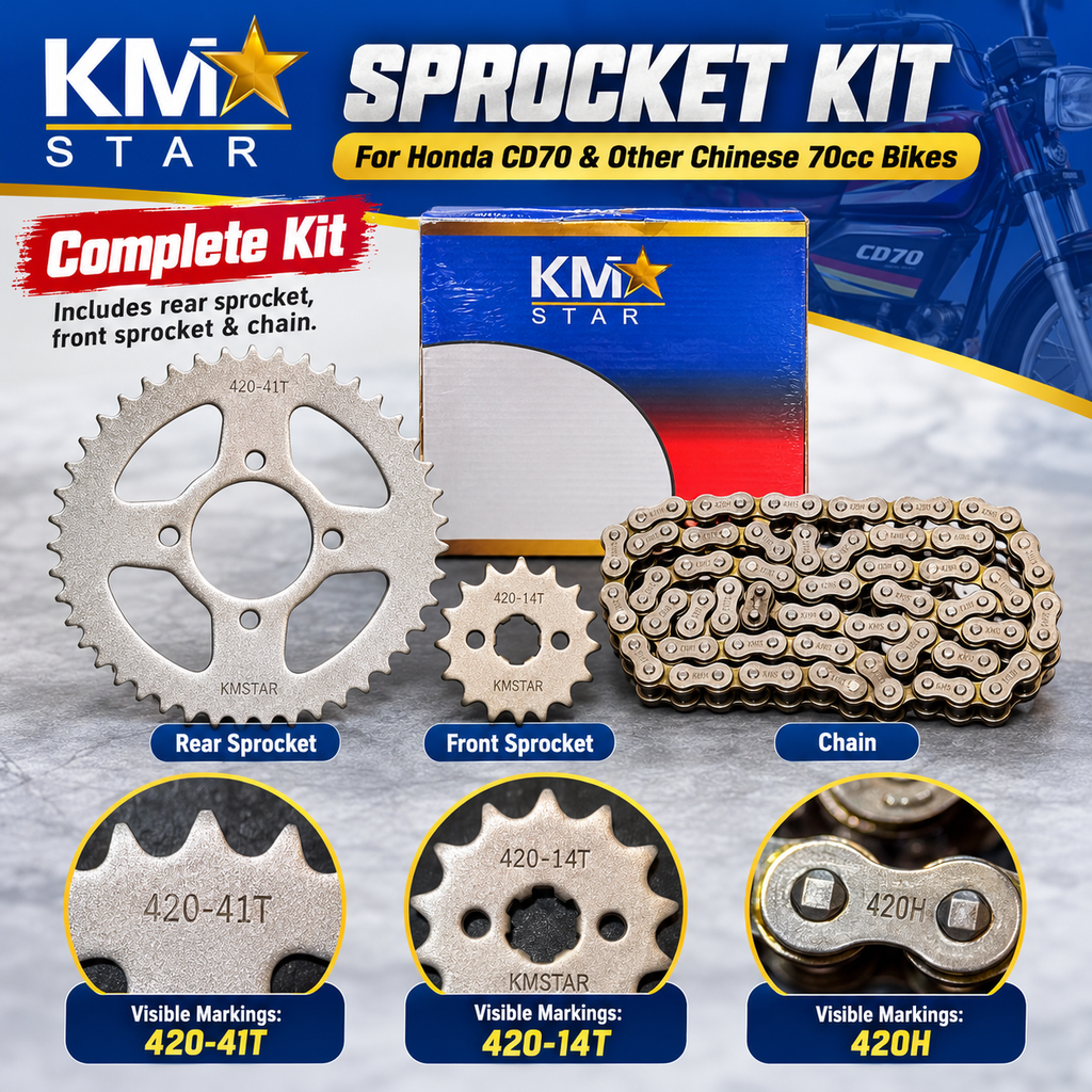 Sprocket Kit (Garari Set) for Honda CD70 & Chinese 70cc Motorcycles | 420-41T Rear, 420-14T Front - KM STAR
