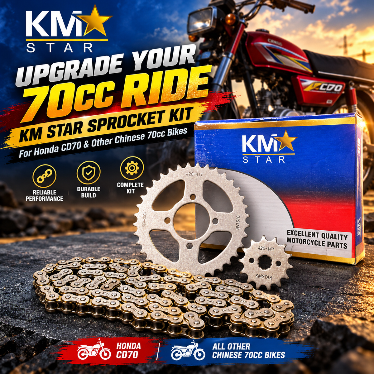 Sprocket Kit (Garari Set) for Honda CD70 & Chinese 70cc Motorcycles | 420-41T Rear, 420-14T Front - KM STAR