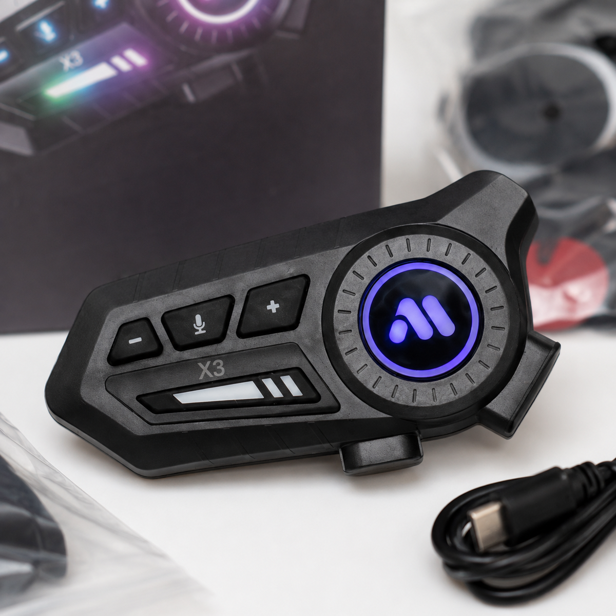 X3 Wireless Motorcycle Helmet Bluetooth Headset | 4 RGB Light Colors | Noise Reduction | Hard & Soft Mic Included