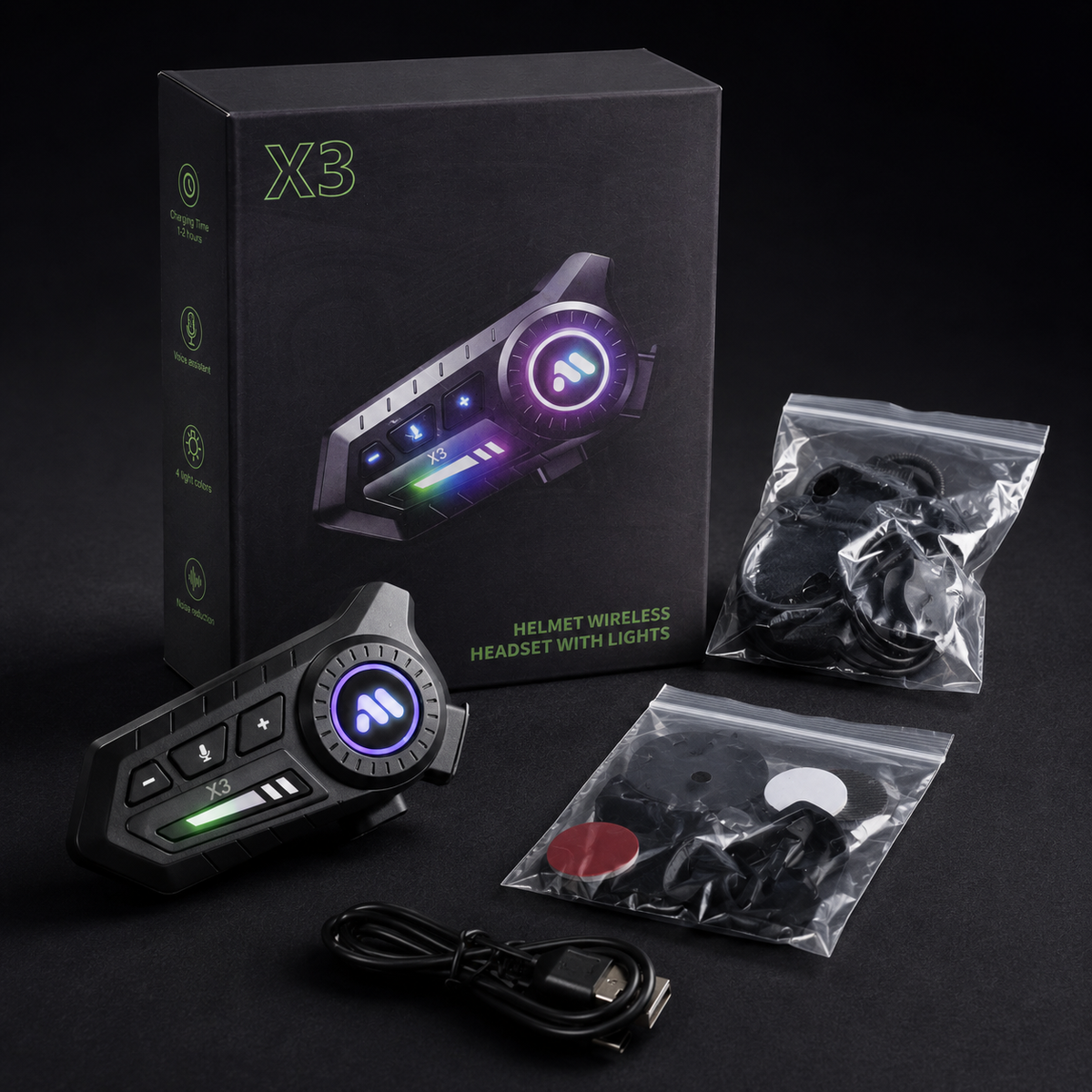 X3 Wireless Motorcycle Helmet Bluetooth Headset | 4 RGB Light Colors | Noise Reduction | Hard & Soft Mic Included